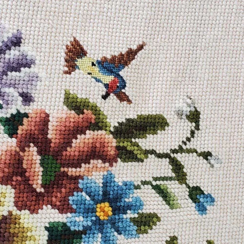 Embroidered Floral Tapestry Piece 16x14 Square Handmade Bird Cottagecore Flowers - Picture 4 of 7